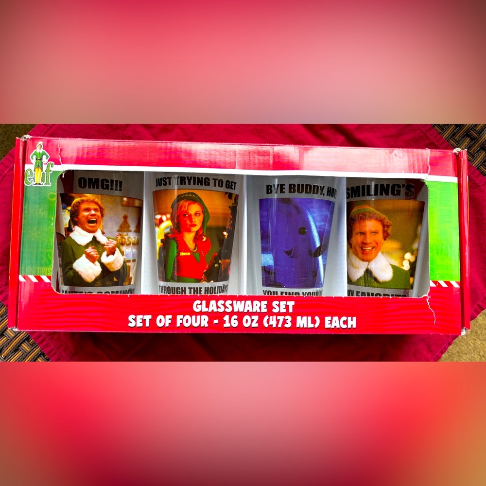 NIB Elf The Movie 16 oz Pint Christmas Glasses Cups. Set Of 4. Holiday